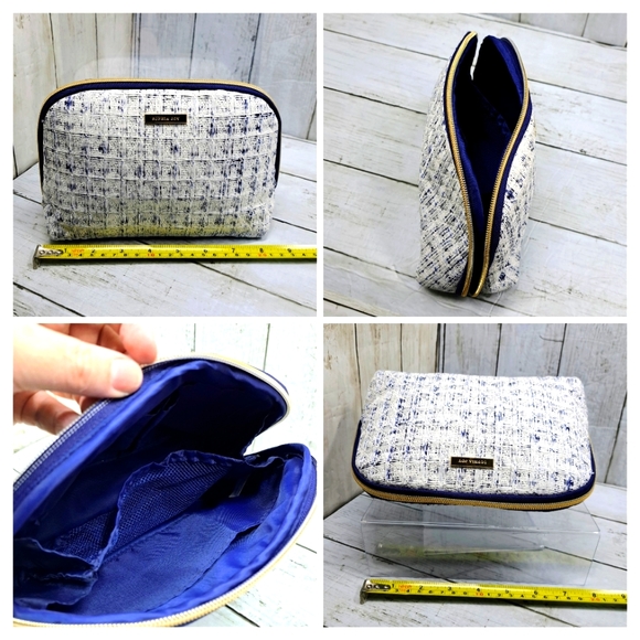 Sophia+Joy White Texture Blue Poly Lining MultiPocket Gold Zip Cosmetic Pouch - Picture 5 of 7